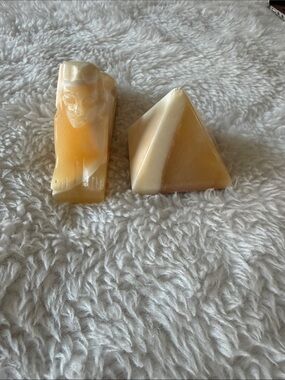 Handcrafted Ivory & Amber Decorative Sphinx and Pyramid Set.